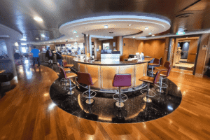 Bar area on the ferry to Rotterdam with seating and sea views