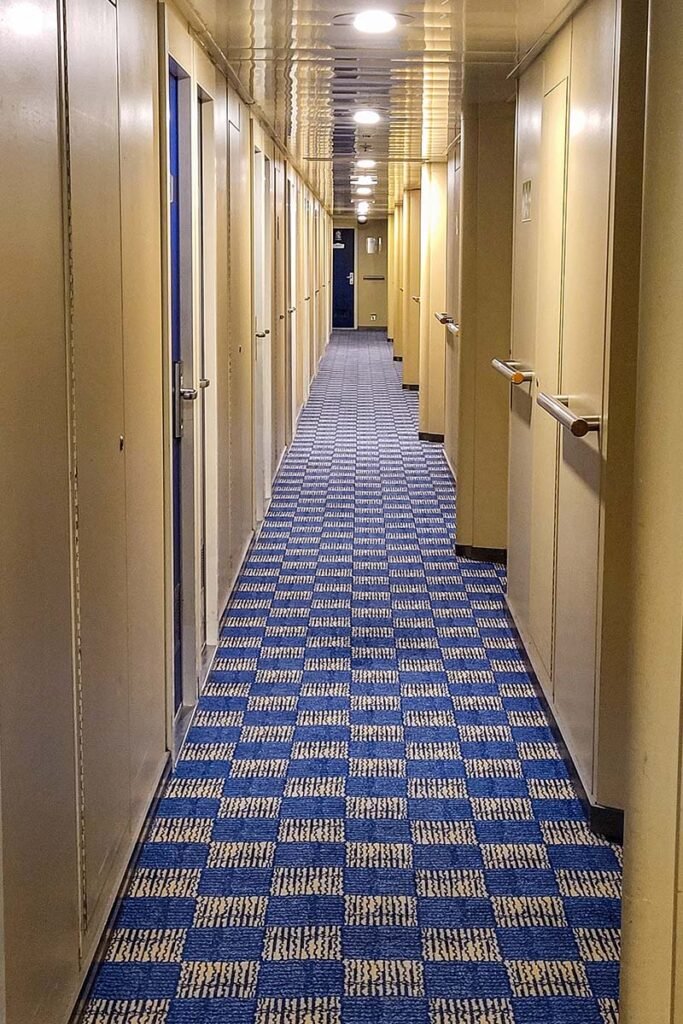 Corridor with blue checkered carpet and doors on both sides leading to inside and outside cabins