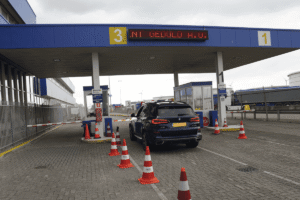 Car approaching the P&O Ferries terminal at Rotterdam Europoort for boarding
