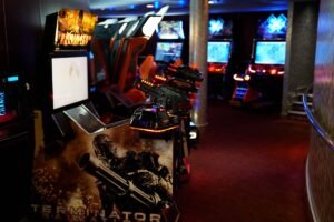 Dark arcade room on board the ferry