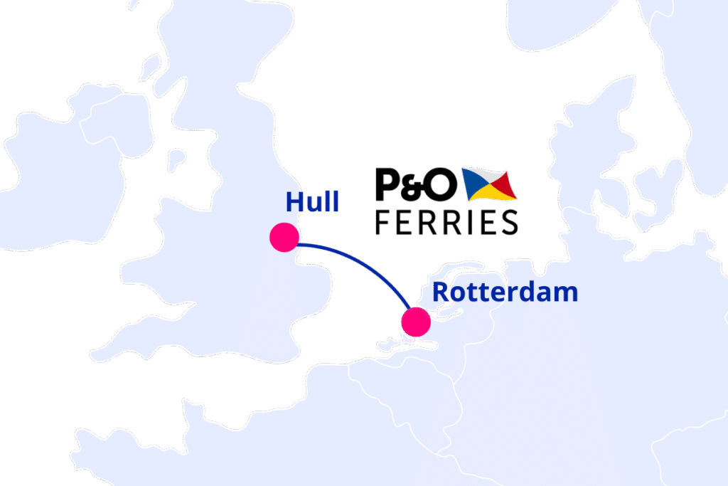 Map showing the overnight ferry route from Hull (UK) to Rotterdam (Netherlands) operated by P&O Ferries across the North Sea.