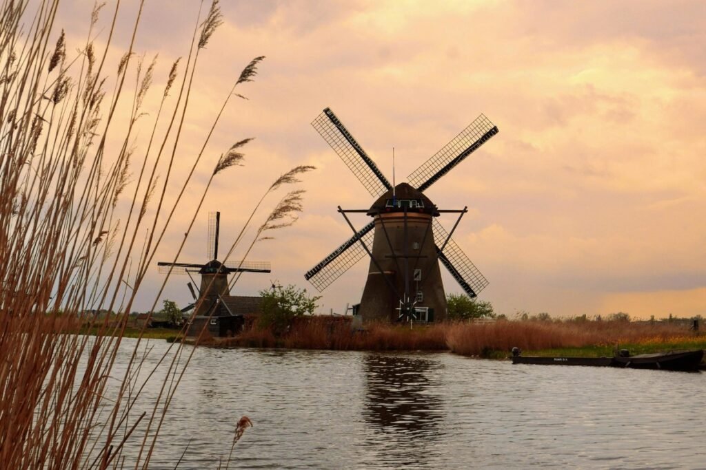 View of Kinderdijk’s windmills, located near the ferry routes leading into Rotterdam
