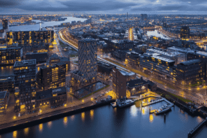 Aerial night view of Rotterdam city taken by a drone