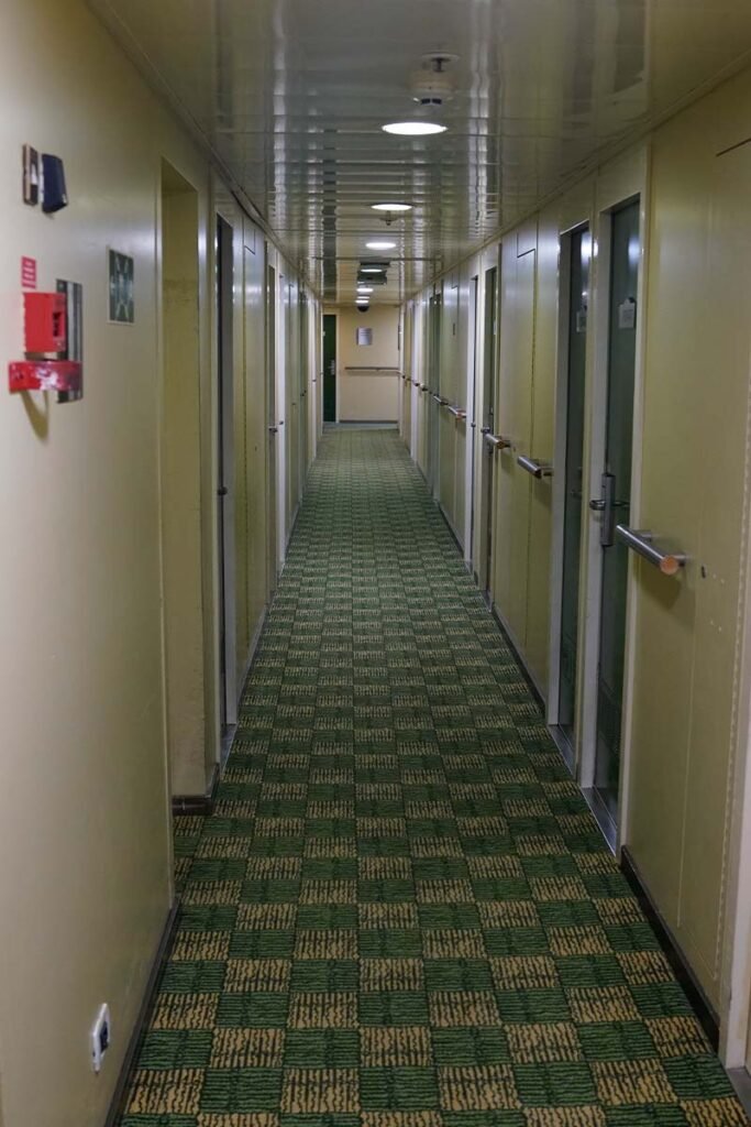Corridor with green checkered carpet and doors on both sides leading to inside and outside cabins
